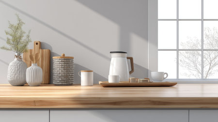 This image features a stylish kitchen countertop adorned with a coffee pot, ceramic vases, and wooden accents, showcasing a minimalist and modern aesthetic.の素材