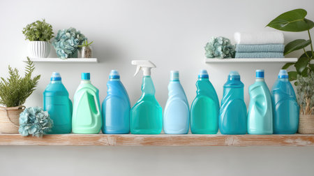 A visually appealing display of turquoise and aqua cleaning products arranged neatly on a shelf, complemented by decorative elements for a fresh ambiance.の素材