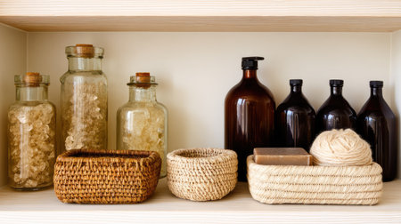 A beautifully arranged display of natural storage elements in a serene spa-like setting. Featuring woven baskets and glass containers, this image embodies simplicity and tranquility. Perfect for wellness and home decor themes.の素材