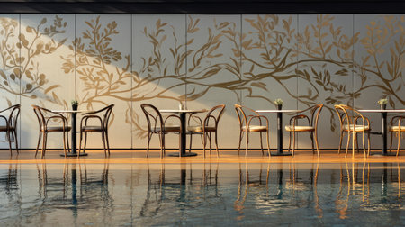 A serene and stylish cafe interior featuring tables and chairs arranged beside tranquil water, complemented by artistic wall designs, creating a peaceful ambiance.の素材