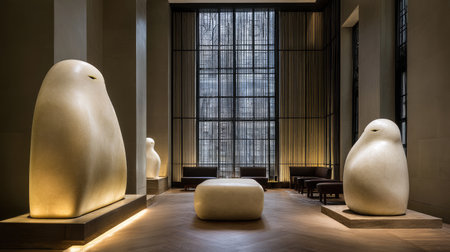 This image features a modern lobby showcasing abstract stone sculptures that provide a unique aesthetic, complemented by soft lighting and a serene atmosphere.の素材