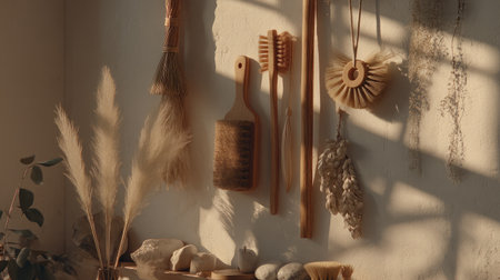 This image captures a serene arrangement of wooden home decor items and natural elements, highlighted by soft shadows in warm sunlight. Perfect for lifestyle or interior design inspirations.の素材