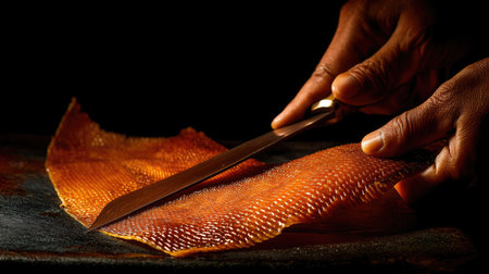 A skilled chef is expertly slicing through a fresh salmon fillet with a sharp knife, showcasing precision and culinary artistry in a dimly lit kitchen.の素材