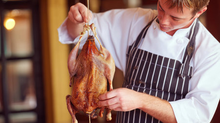 A skilled chef carefully maneuvers a whole roast duck, showcasing culinary expertise in a warm restaurant kitchen. The scene highlights food preparation techniques and the artistry of cooking.の素材