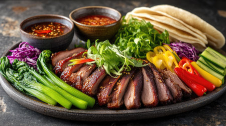 A vibrant beef platter showcases sliced meat surrounded by an array of fresh vegetables and flavorful dipping sauces, perfect for culinary inspiration.の素材