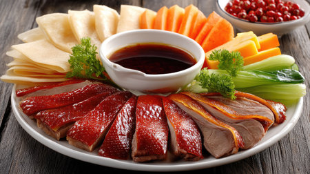 A beautifully arranged platter featuring succulent slices of roast duck accompanied by fresh vegetables and a savory dipping sauce, perfect for any dining occasion.の素材