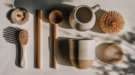 Discover a beautifully arranged collection of minimalist kitchen utensils and bathroom accessories on a neutral surface, showcasing natural textures and warm tones.の素材