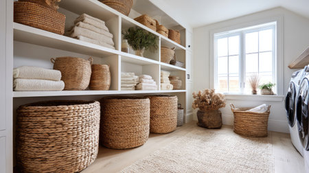 A serene laundry room showcasing organized shelving filled with natural baskets, soft towels, and bright sunlight, creating a cozy and inviting atmosphere.の素材