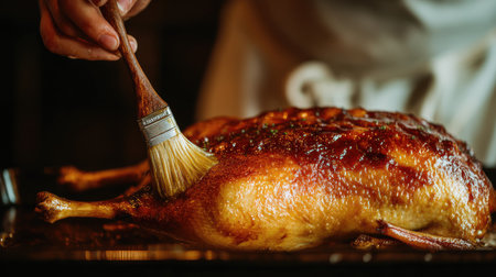 A chef carefully brushes a glossy glaze onto a perfectly roasted duck, showcasing meticulous culinary skills and inviting aromas in a cozy kitchen setting.の素材