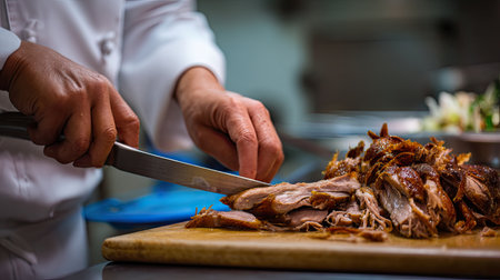A skilled chef demonstrates expertise by slicing tender roast meat on a wooden cutting board in a bustling kitchen. The focused action captures the essence of culinary artistry and precision.の素材