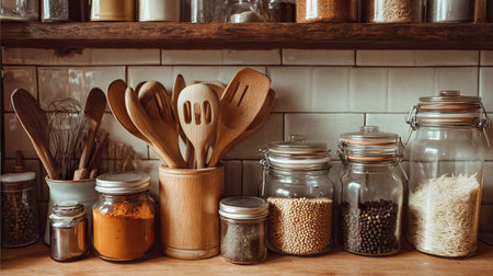 A cozy kitchen shelf showcases an array of storage jars filled with various spices and ingredients, alongside beautiful wooden cooking utensils, creating a warm and inviting atmosphere.の素材