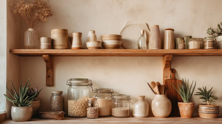 A visually appealing kitchen shelf showcases an array of ceramic containers, glass jars, and lush greenery, creating a warm, inviting atmosphere.の素材