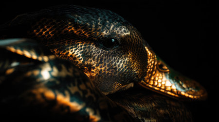 This captivating close-up captures the essence of a duck, showcasing its stunning feathers artfully illuminated against a dark background.の素材