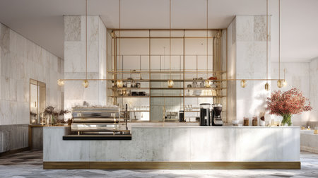 This image showcases a chic and elegant coffee shop interior featuring a marble countertop and warm pendant lighting, creating an inviting atmosphere for customers.の素材
