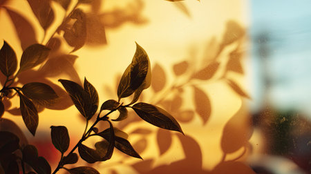 This captivating image showcases the delicate silhouettes of leaves against a warm orange backdrop, creating a serene and artistic atmosphere.の素材