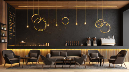 A beautifully designed cafe interior showcasing modern furniture, warm ambient lighting, and an inviting atmosphere ideal for relaxation and socialization.の素材