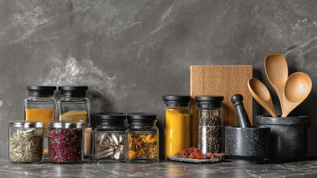 A beautifully arranged collection of spices and seasonings in glass jars next to wooden utensils on a rustic slate background, showcasing kitchen harmony.の素材