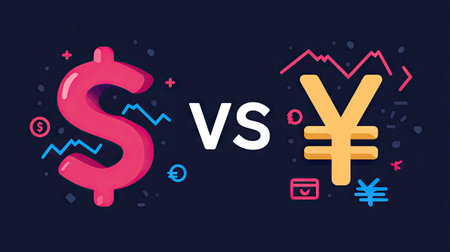 Creative illustration showcasing dollar and yen symbols in a vibrant design, representing currency comparison in financial discussions and trading contexts.の素材