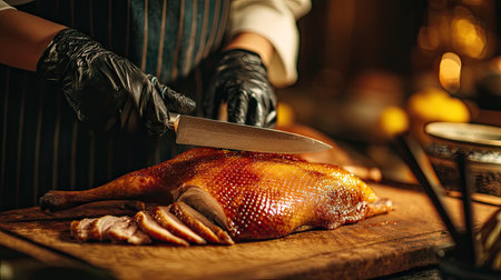 A skilled chef skillfully slices a beautifully roasted duck breast with a sharp knife in an elegant kitchen, showcasing a blend of culinary technique and artistry.の素材