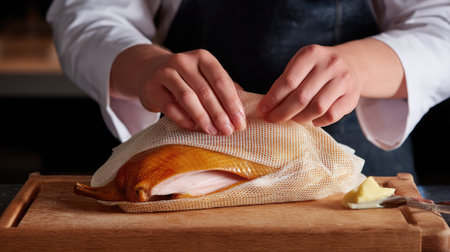 A skilled chef carefully prepares a fresh fish fillet in a modern kitchen. The focus is on the meticulous technique and artistry involved in cooking.の素材