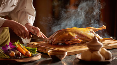 A skilled chef delicately carves a perfectly roasted duck while steam rises, showcasing culinary artistry and vibrant fresh ingredients in a gourmet kitchen.の素材