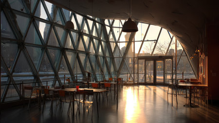 A beautifully designed modern interior with large glass windows allowing warm sunlight to fill a cozy dining area, creating a tranquil atmosphere.の素材