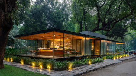 This modern glass structure blends seamlessly with its lush surroundings, showcasing a stylish cafe that invites visitors to enjoy a serene atmosphere.の素材