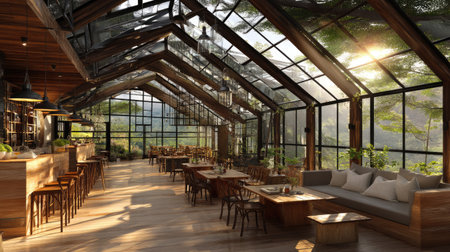 A stunning modern greenhouse restaurant interior featuring large windows that allow natural light to flood in, creating an inviting dining atmosphere surrounded by greenery.の素材