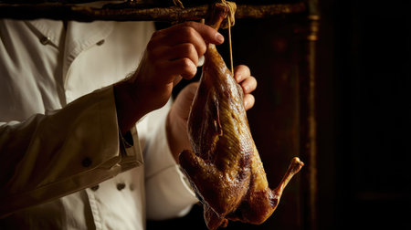 A skilled chef delicately holds a hanging duck in a dark kitchen, showcasing culinary expertise and traditional cooking methods. The image captures a moment focused on food preparation and artistry.の素材