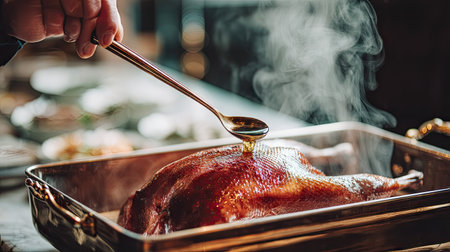A hand elegantly drizzles rich sauce over a perfectly roasted duck, surrounded by steam and showcasing gourmet presentation in a stylish kitchen.の素材
