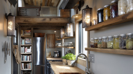 A beautifully designed rustic kitchen showcases wooden shelves filled with glass jars, stainless steel appliances, and ample natural light, creating a warm and inviting atmosphere.の素材