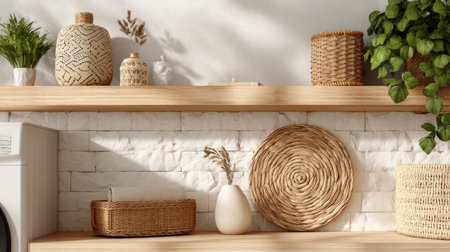 A beautifully arranged wooden shelf featuring an array of natural elements and textures. This modern interior setup showcases decorative objects and greenery that create a cozy and inviting atmosphere, perfect for enhancing any living space.の素材