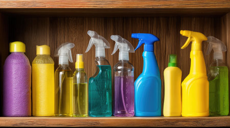 A vibrant collection of cleaning products neatly displayed on a wooden shelf, showcasing different shapes and colors, perfect for any home cleaning needs.の素材