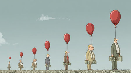 This cartoon illustration depicts businessmen holding money balloons, symbolizing financial growth and economic ideas. The humorous design captures the essence of success in a creative way.の素材