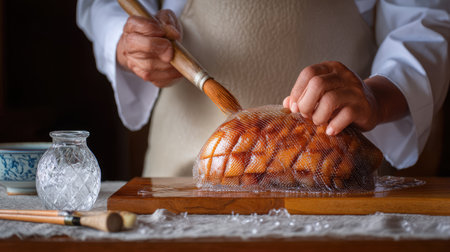 A skilled artisan chef carefully applies a smooth glaze to a beautifully crafted bread. Warm light highlights the textures, showcasing culinary artistry.の素材