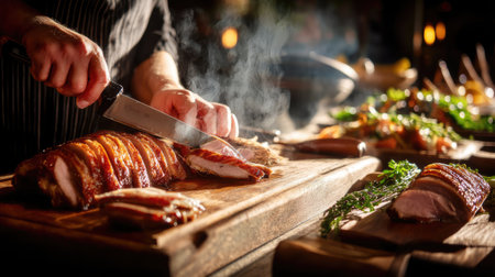 A skilled chef expertly slices tender barbecue meat on a rustic wooden board, surrounded by fresh ingredients, herbs, and a warm kitchen atmosphere.の素材