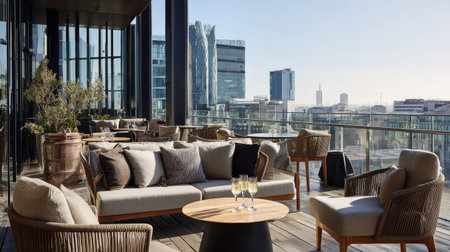 Enjoy a stunning outdoor rooftop lounge featuring elegant seating arrangements and a breathtaking urban view on a sunny day, perfect for relaxation.の素材