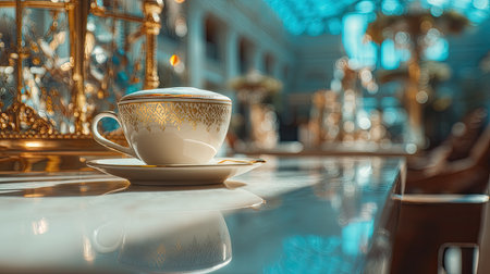 A beautifully designed tea cup sits elegantly on a marble table in a luxurious cafe, highlighted by a stunning blue glass roof, creating an inviting atmosphere.の素材