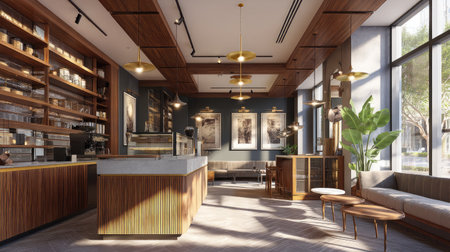 A stylish coffee shop interior showcasing contemporary design elements, warm lighting, and an inviting atmosphere perfect for relaxation or social gatherings.の素材