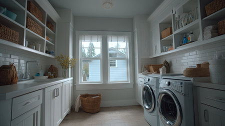 This bright and airy laundry room features modern appliances, organized storage solutions, and a serene environment, perfect for efficient household tasks.の素材