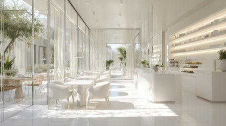 A stunning modern cafe featuring a minimalist design with abundant natural light, elegant furnishings, and a serene atmosphere. Perfect for social gatherings.の素材