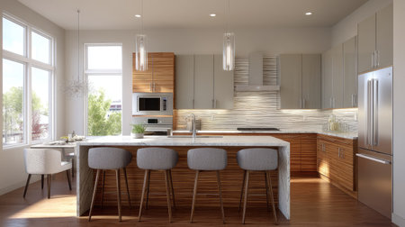 Bright and inviting modern kitchen showcasing elegant wood cabinetry and sleek countertops, enhancing the minimalist design with natural light streaming in.の素材