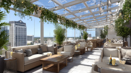 This stunning rooftop lounge features elegant furniture, lush greenery, and panoramic city views, perfect for relaxation and social gatherings.の素材