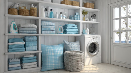 A bright and airy laundry room featuring white shelves filled with neatly folded towels and stylish baskets. The room showcases a modern washing machine and a cozy atmosphere with soft blue tones, making laundry tasks feel inviting and organized.の素材