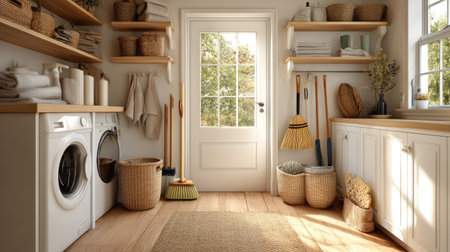 A serene and well-organized laundry room featuring natural light streaming through the window, showcasing functional storage and cozy decor elements.の素材