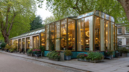 This image captures a beautifully designed glass house restaurant set amidst lush greenery, showcasing elegant architecture and inviting outdoor seating.の素材