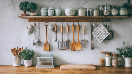 This image captures a charming rustic kitchen shelf adorned with wooden utensils and decorative jars, all bathed in soft natural light. Ideal for home decor.の素材