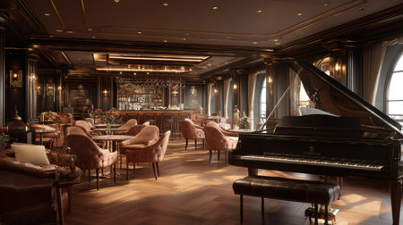 This exquisite lounge features a grand piano, plush seating, and rich wooden flooring, creating an elegant atmosphere for relaxation and social gatherings.の素材
