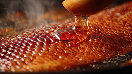 This close-up image showcases a rich, amber honey drizzle over a textured honeycomb surface, with steam rising gently, emphasizing its organic and comforting essence.の素材