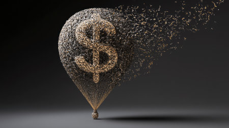 This artistic image depicts a dollar sign balloon made of particles, symbolizing wealth and financial growth against a dark backdrop. Ideal for finance themes.の素材